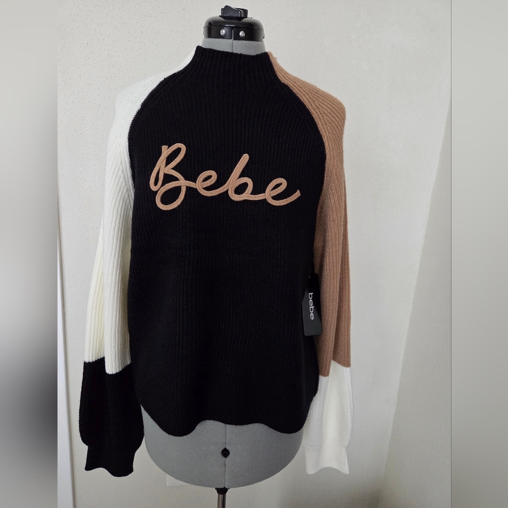 Bebe Women's Cowl Neck Sweater - Black, White, and Tan